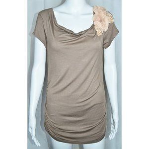 Lucy & Laurel Drape Neck Embellished Rosette Faux Pearls Ruched Top Tan Size S